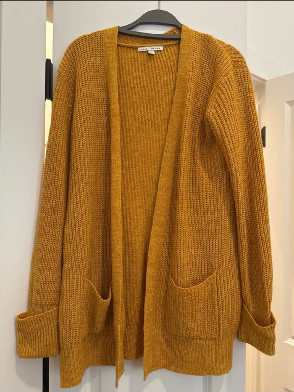 Open-Front Mustard Ribbed Cardigan with Pockets